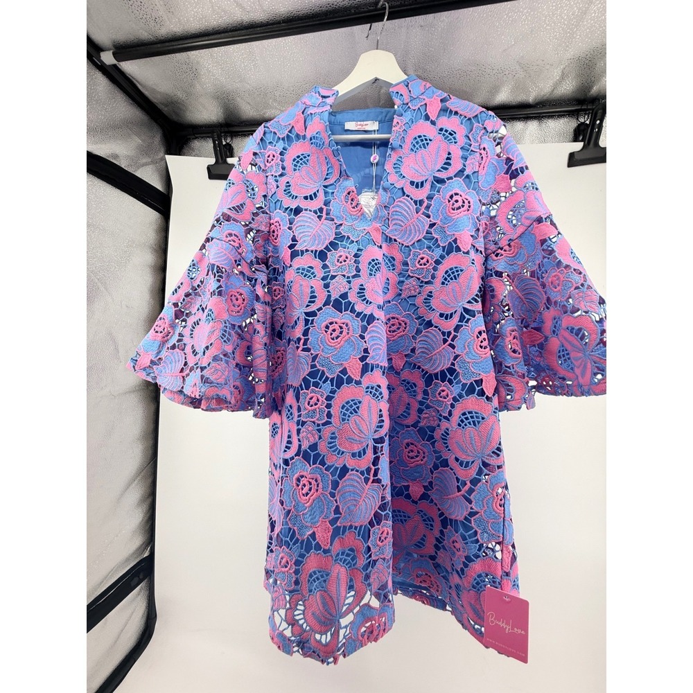 BuddyLove Floral Lace Mini Dress Blue Pink Bell Sleeve V-Neck Medium NWT